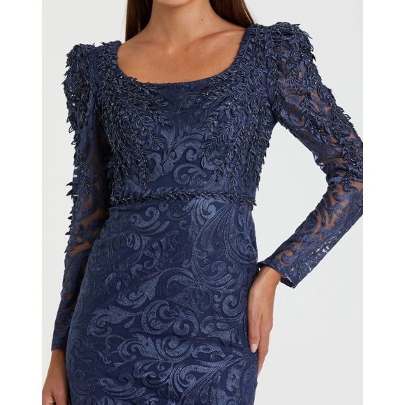 NWT Mac Duggal 11187 Blue Embroidered Lace Applique Shoulder Detail Trumpet Gown - Picture 2 of 10